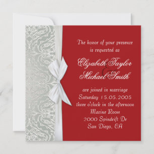 Luxury Ribbon Silver/Red Damask Wedding Invite