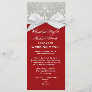 Luxury Ribbon Silver/Red Damask Wedding Menu