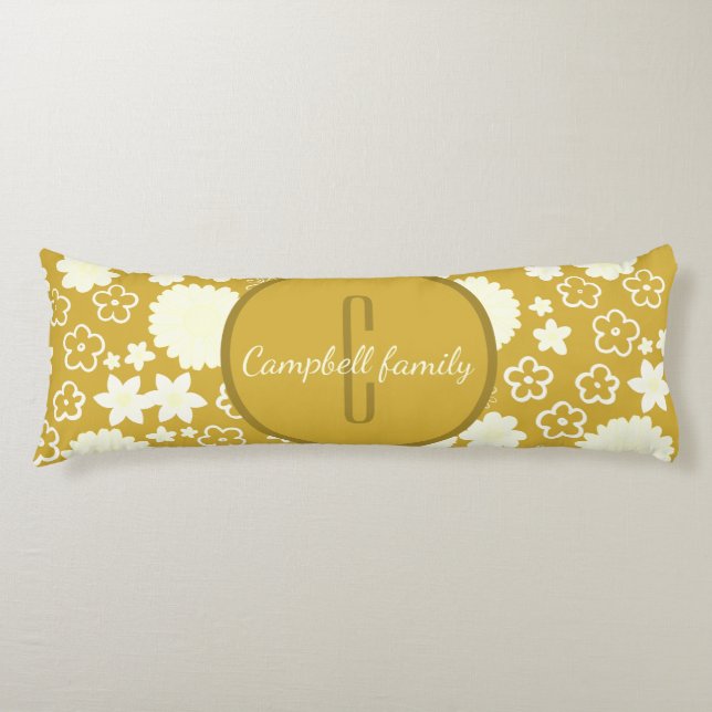 LUXURY RICH GOLD CREAM ROYAL BLUE FLOWER MONOGRAM BODY PILLOW (Front)