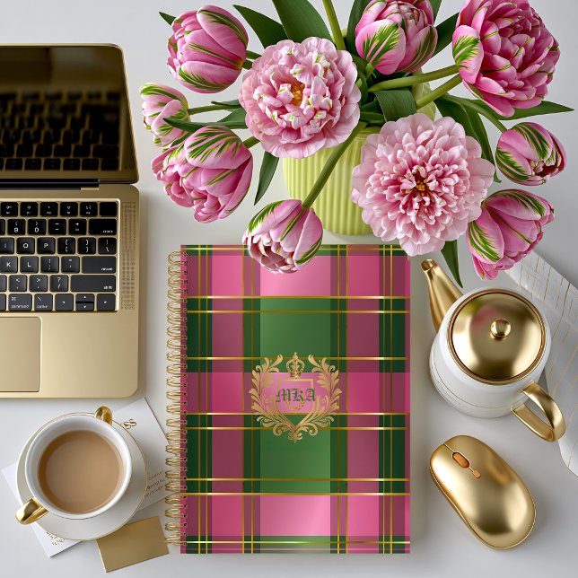 Luxury Rich Pink Green Plaid Crest Monogram Notebook (Stylish Plaid Pink and Green Monogrammed Notebook.)