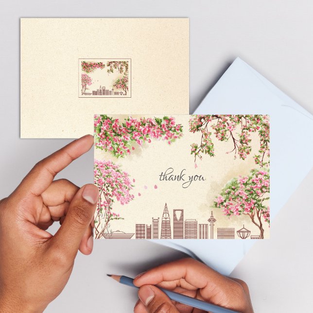 Luxury Riyadh Skyline Bougainvillea Wedding Thank  Card (Creator Uploaded)