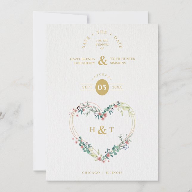 Luxury Romantic Botanical Floral Pink Shades Heart Save The Date (Front)