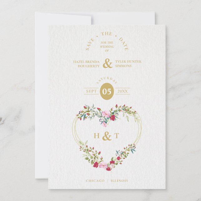 Luxury Romantic Floral Pink Red Shades Heart Save The Date (Front)
