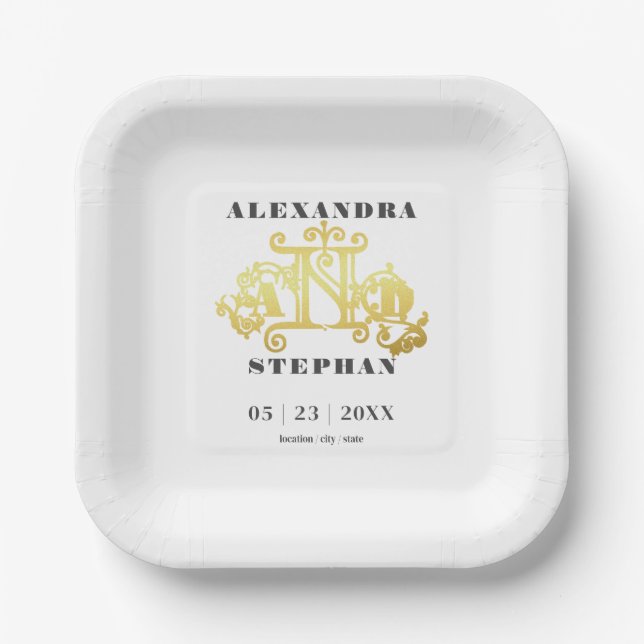 Luxury Romantic Flourish Calligraphy Wedding Gold Paper Plate (Front)