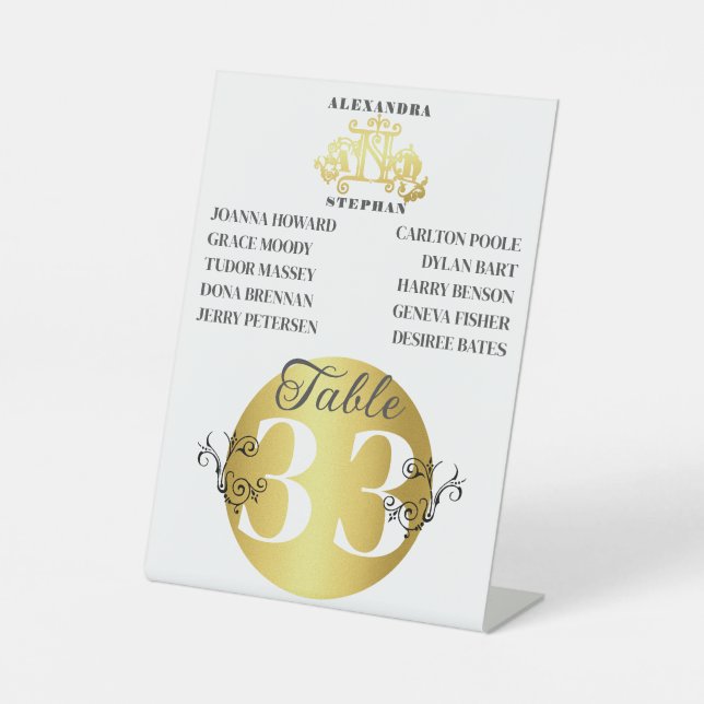 Luxury Romantic Flourish Wedding Gold Table Number Pedestal Sign (Front)