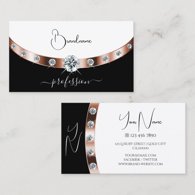 Luxury Rose Gold Black and White with Monogram Business Card (Front/Back)