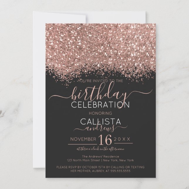 Luxury Rose Gold Black Glitter Confetti Birthday Invitation (Front)