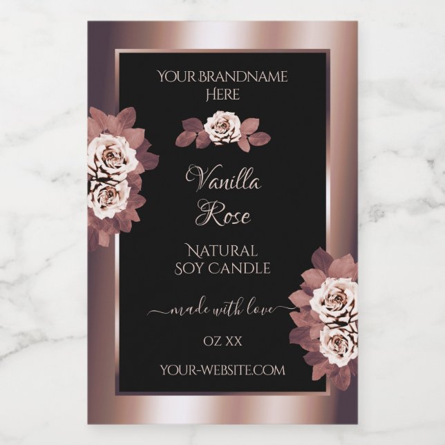 Luxury Rose Gold Black Product Labels Floral Roses (Single Label)