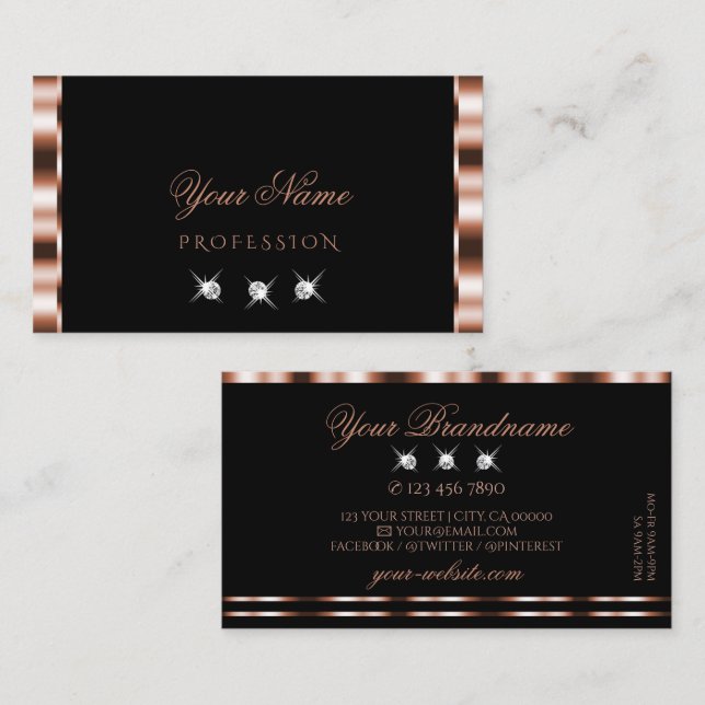 Luxury Rose Gold Black Sparkling Diamonds Glamour Business Card (Front/Back)