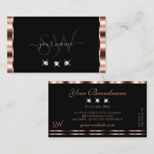 Luxury Rose Gold Black Sparkling Diamonds Initials Business Card