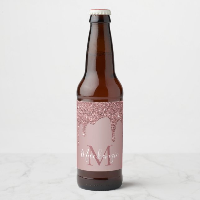 Luxury Rose Gold Dripping Glitter Monogram Beer Bottle Label (Front)