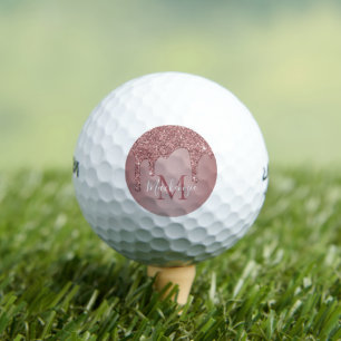 Luxury Rose Gold Dripping Glitter Monogram Golf Balls