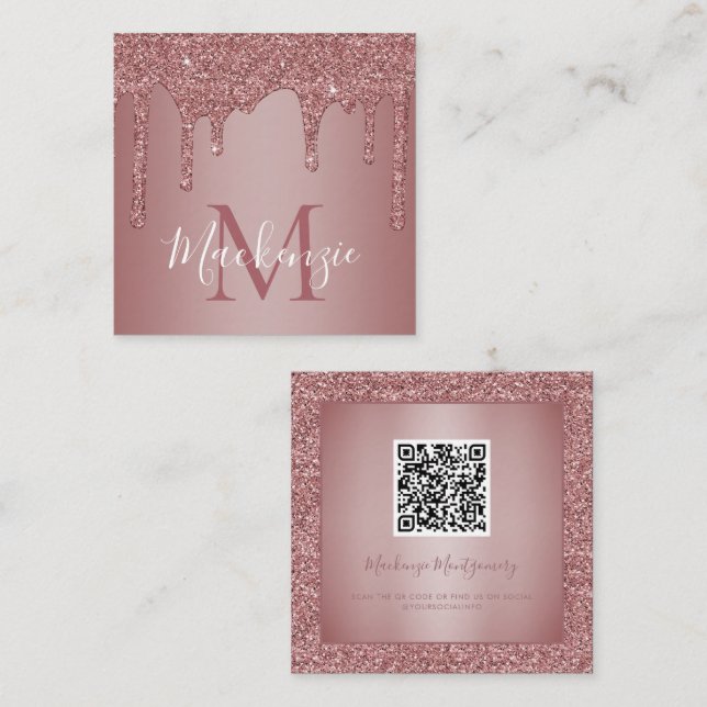 Luxury Rose Gold Dripping Glitter Monogram QR Code Square Business Card (Front/Back)