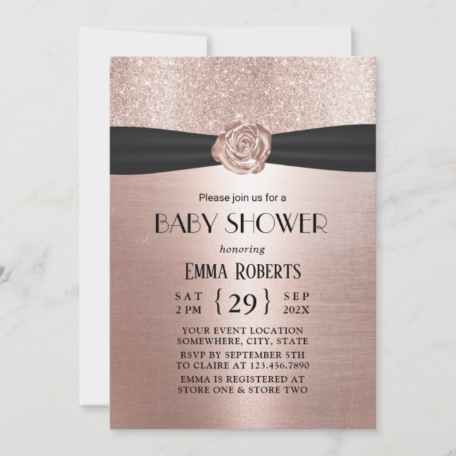 Luxury Rose Gold Flower Black Ribbon Baby Shower  Invitation (Front)