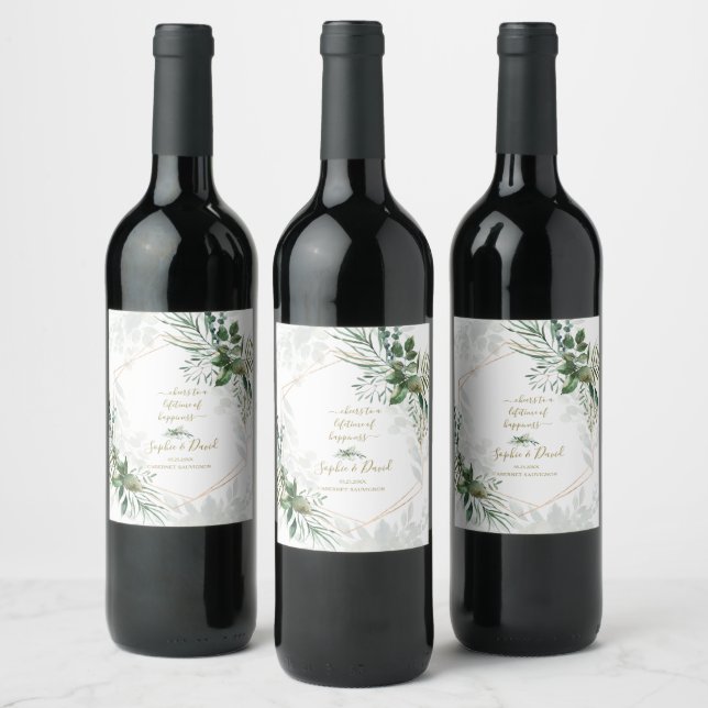 Luxury Rose Gold Geometric Greenery Wedding Wine Label (Bottles)