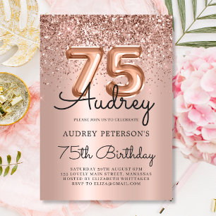 Luxury Rose Gold Glitter Balloon 75th Birthday Invitation