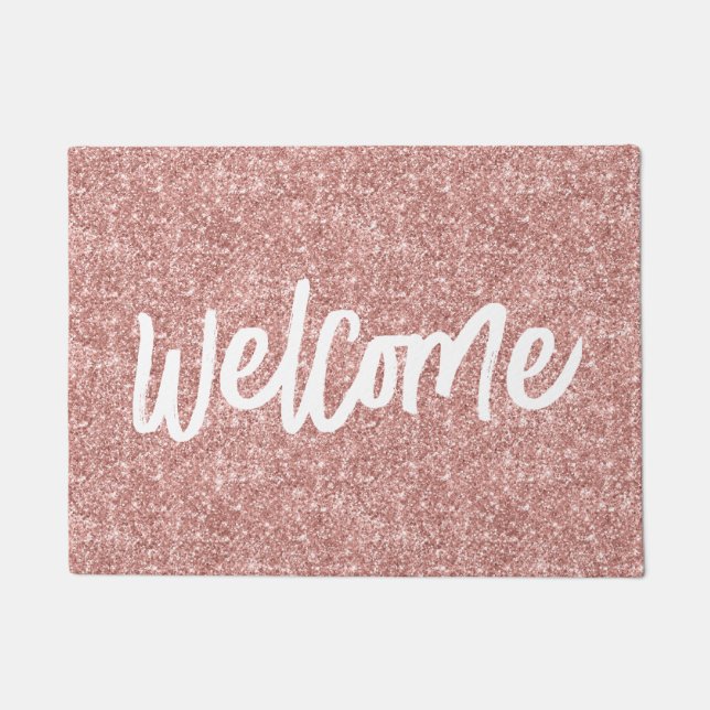 Luxury Rose Gold Glitter Brush Script Welcome Doormat (Front)