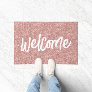 Luxury Rose Gold Glitter Brush Script Welcome Doormat
