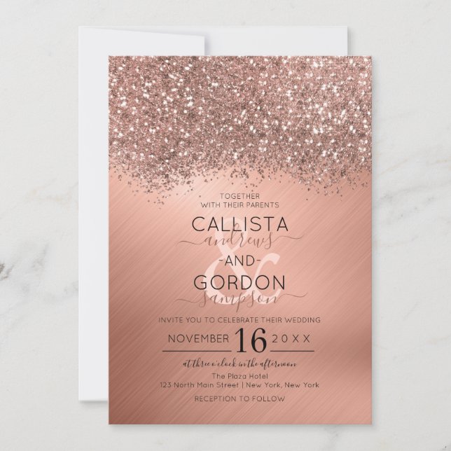 Luxury Rose Gold Glitter Confetti Metallic Wedding Invitation (Front)