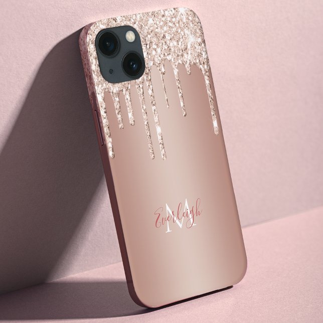 Luxury Rose Gold Glitter Drip with Name/Monogram Case-Mate iPhone Case (Creator Uploaded)