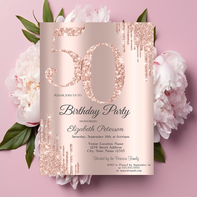 Luxury Rose Gold Glitter Drips 50th Birthday Invitation (Creator Uploaded)