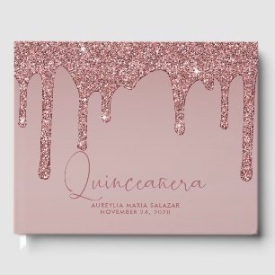 Luxury Rose Gold Glitter Drips Quinceanera Guest Book