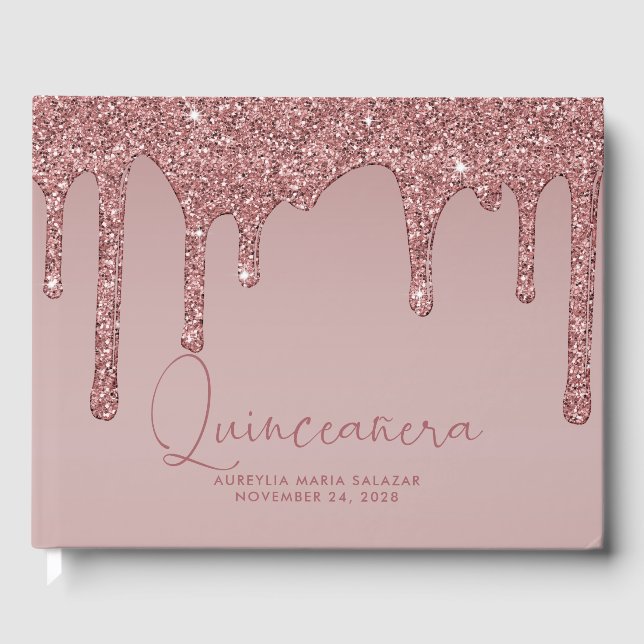 Luxury Rose Gold Glitter Drips Quinceanera Guest Book (Front)