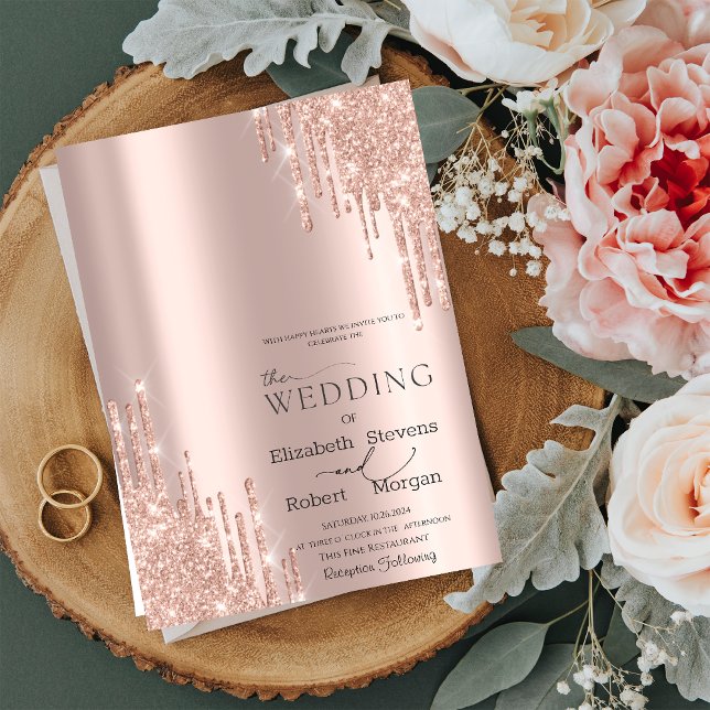Luxury Rose Gold Glitter Drips Wedding Invitation (Creator Uploaded)