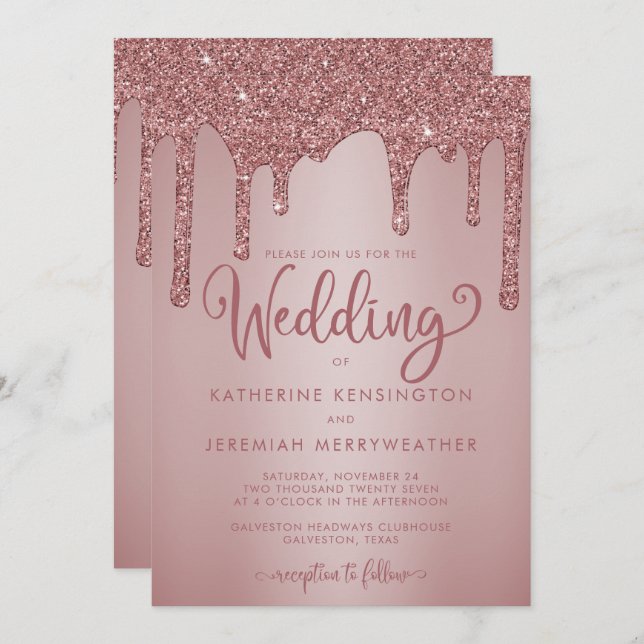 Luxury Rose Gold Glitter Drips Wedding Invitation (Front/Back)