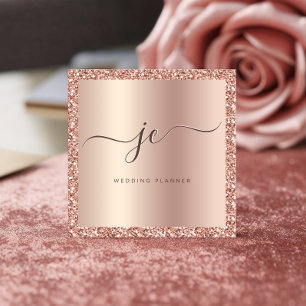 Luxury Rose Gold Glitter & Foil Script Monogram  Square Business Card