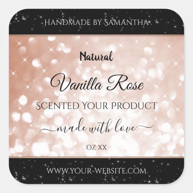 Luxury Rose Gold Glitter Product Packaging Labels (Front)