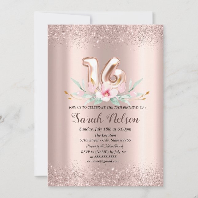 Luxury Rose Gold Glitter Watercolor Flower 18  Invitation (Front)