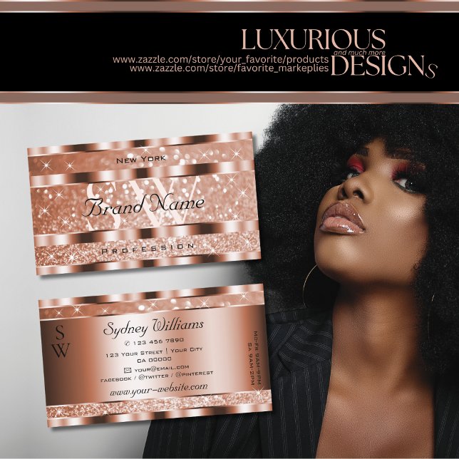 Luxury Rose Gold Luminous Glitter Stars Monogram  Business Card (Creator Uploaded)