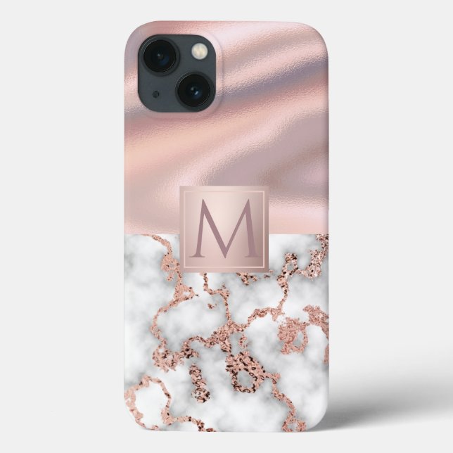 Luxury Rose Gold Marble Shimmer Foil Monogram Case-Mate iPhone Case (Back)