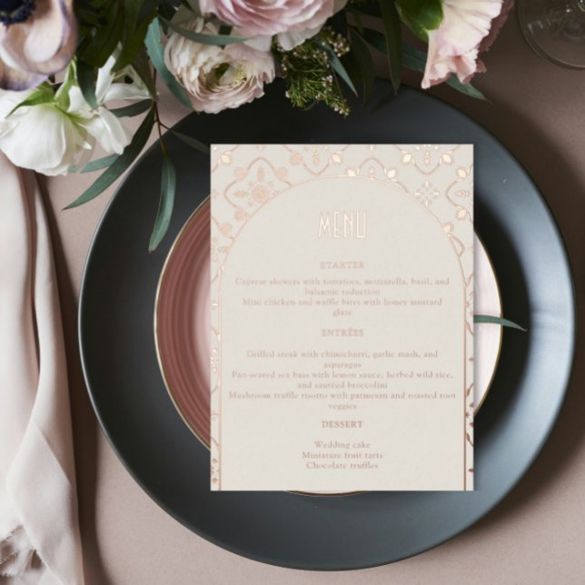 Luxury Rose Gold Mediterranean Tile Wedding Menu (Creator Uploaded)
