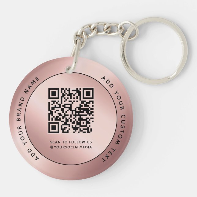 Luxury Rose Gold Metallic Logo QR code  Keychain (Back)