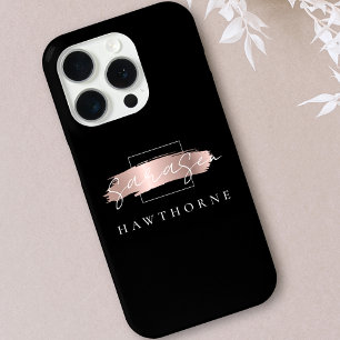 Luxury Rose Gold Monogram Chic Brush Stroke Black iPhone 15 Pro Case