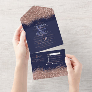 Luxury Rose Gold Navy Glitter Confetti Wedding All In One Invitation