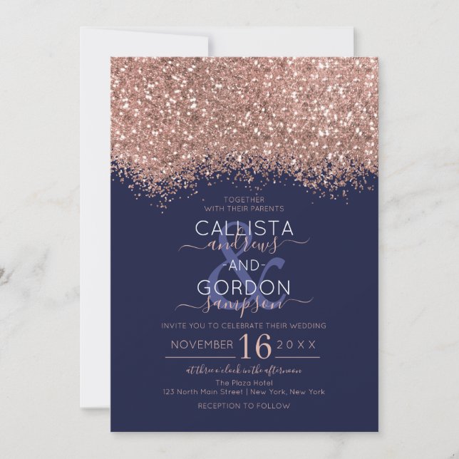 Luxury Rose Gold Navy Glitter Confetti Wedding Invitation (Front)