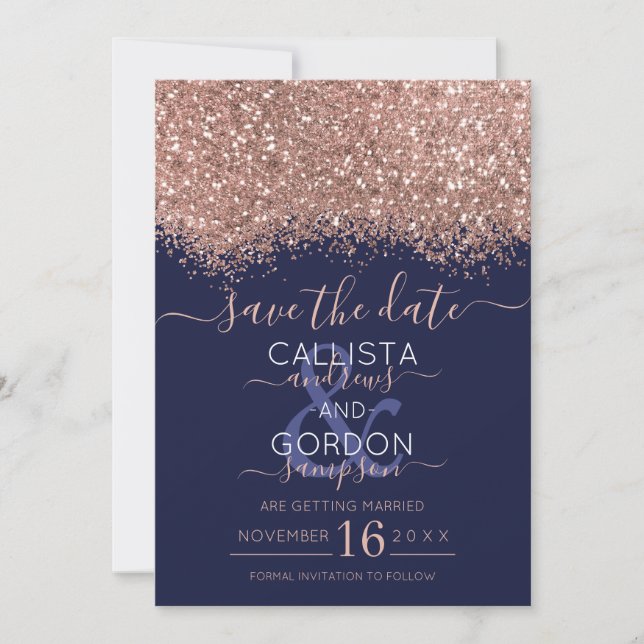 Luxury Rose Gold Navy Glitter Confetti Wedding Save The Date (Front)