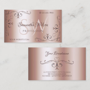 Luxury Rose Gold Ornate Corner Borders Initials Business Card