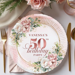 Luxury Rose Gold Peonies 50th Birthday Party Plate