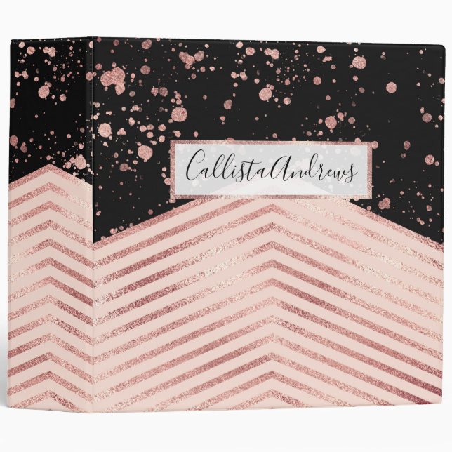Luxury Rose Gold Pink Black Chevron Paint Splatter Binder (Front/Spine)