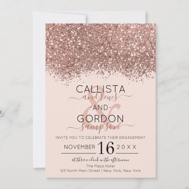 Luxury Rose Gold Pink Glitter Confetti Engagement Invitation (Front)