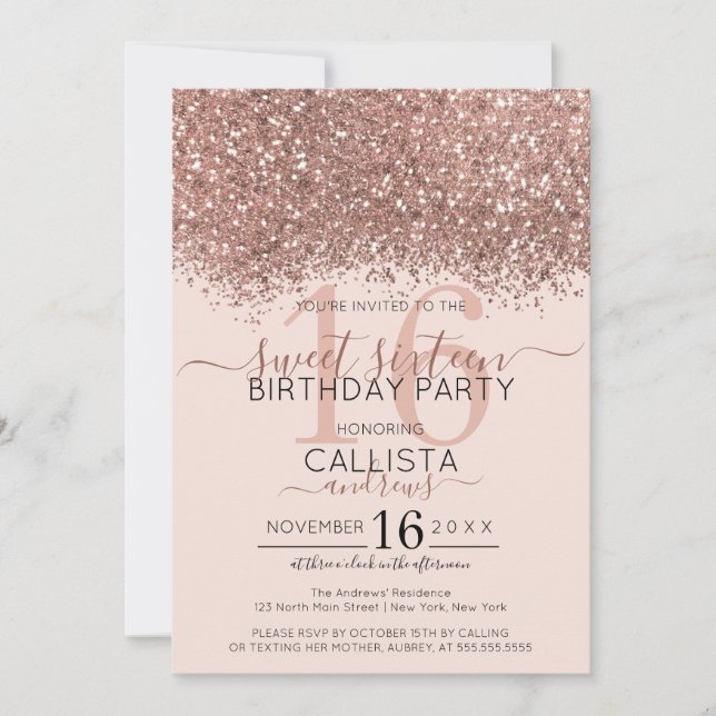 Luxury Rose Gold Pink Glitter Confetti Sweet 16 Invitation (Front)