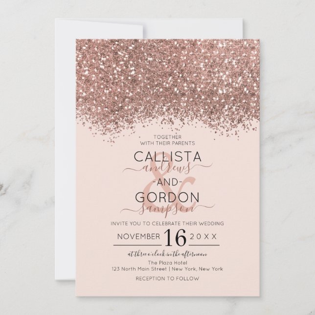 Luxury Rose Gold Pink Glitter Confetti Wedding Invitation (Front)