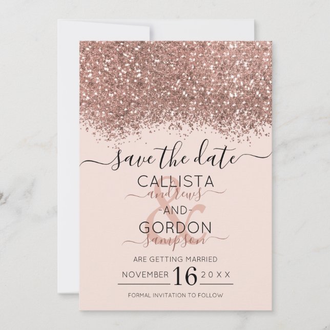Luxury Rose Gold Pink Glitter Confetti Wedding Save The Date (Front)