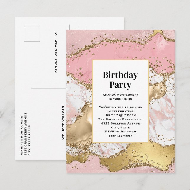 Luxury Rose Gold Pink Marble Design Birthday Invitation Postcard (Front/Back)