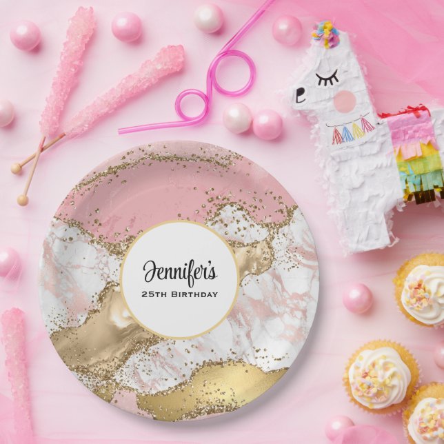 Luxury Rose Gold Pink Marble Design Birthday Paper Plate (Party)