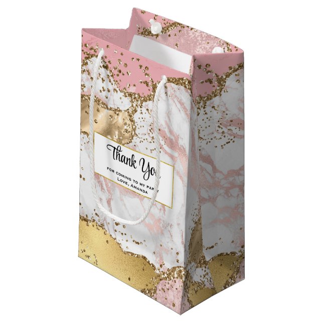 Luxury Rose Gold Pink Marble Party Thank You Small Gift Bag (Front Angled)